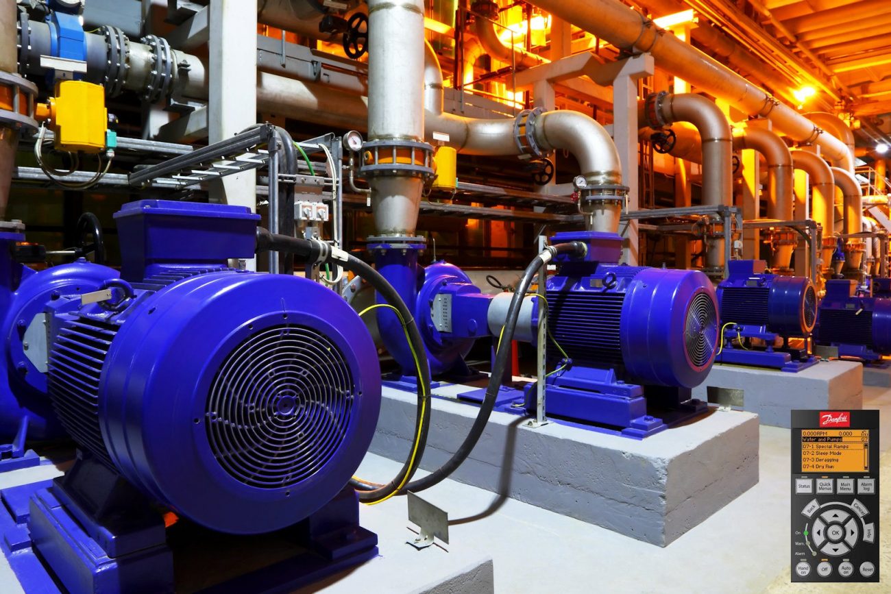 microngroup blue hvac pumps in plant room controlled by variable speed frequency drives